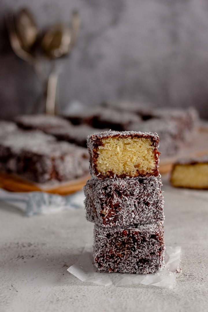 Lamingtons stacked on each other.