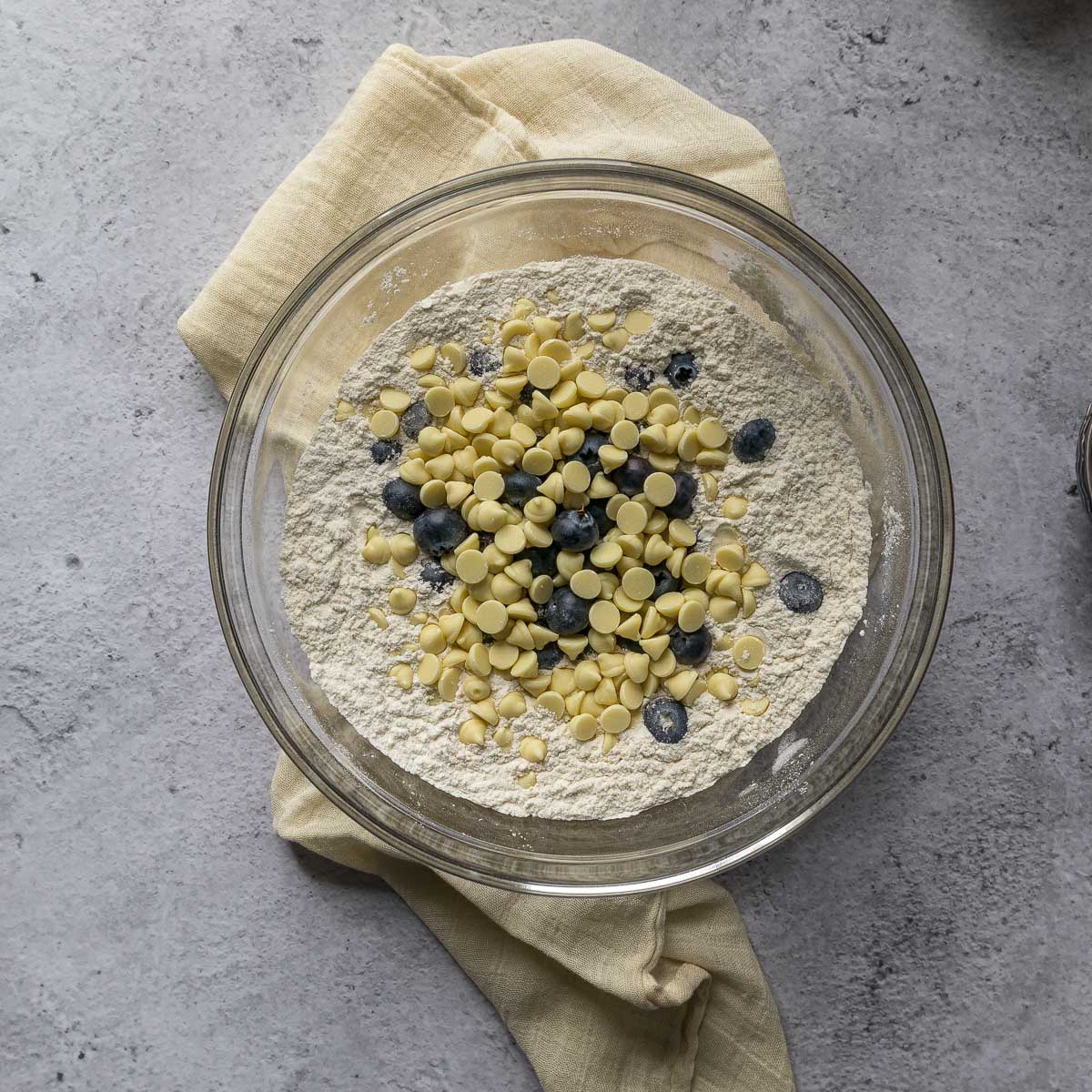 Blueberries and white chocolate added to the dry ingredients