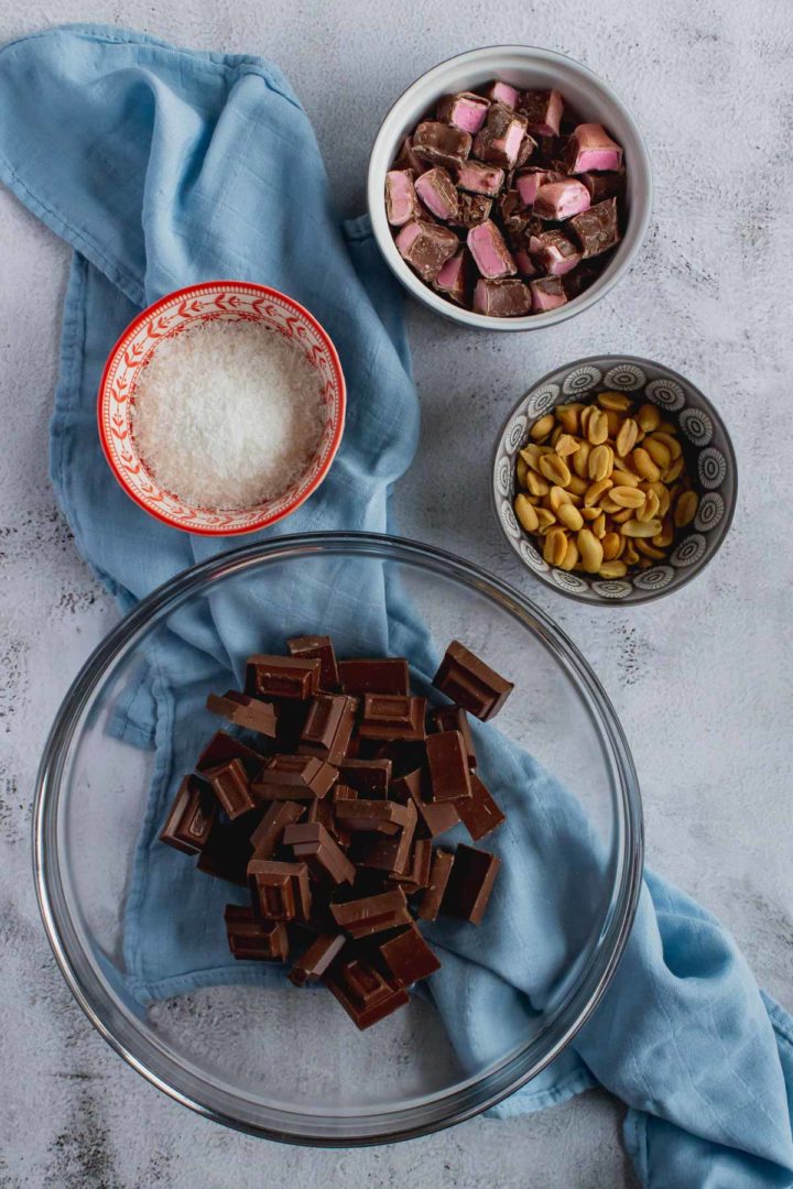 Chocolate Fish Rocky Road Ingredients - chocolate, chocolate fish, coconut, peanuts