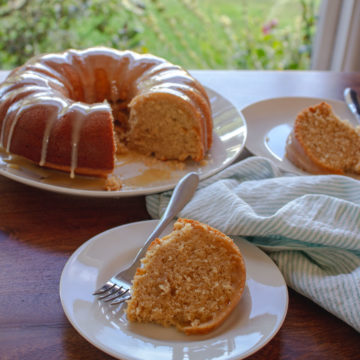 Slice of Rooibos Tea Cake in front of the bundt.