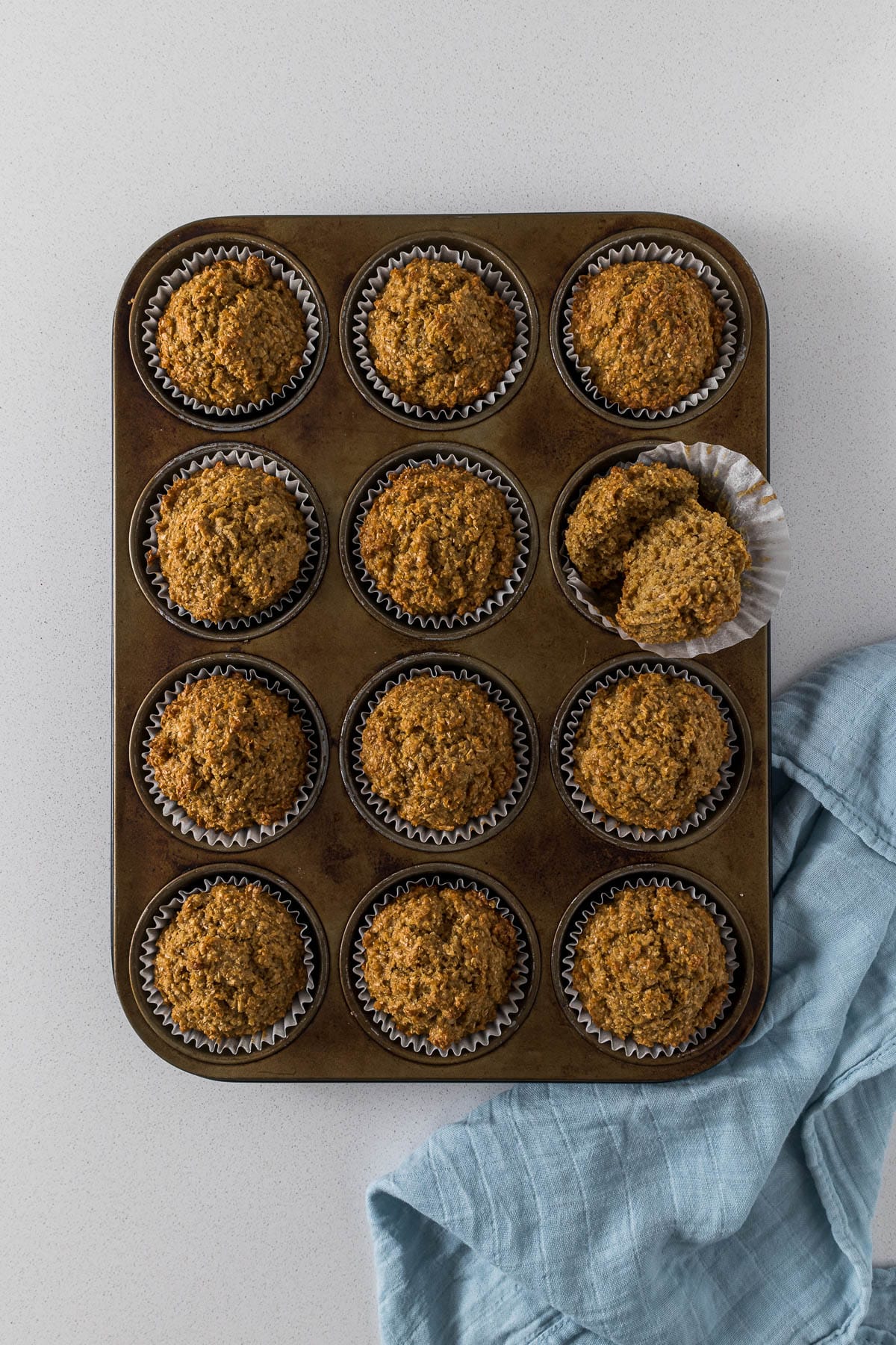 Fresh muffins in a muffin tin.