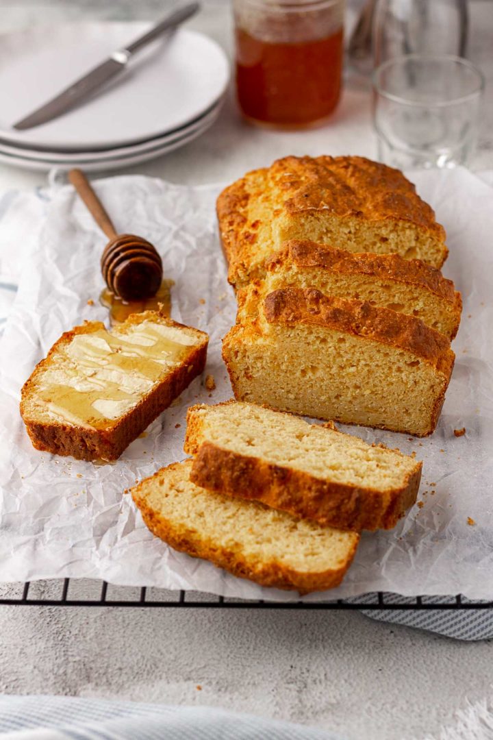 Sliced mealie bread on a cooling rack.