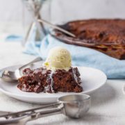 Self Saucing Chocolate Pudding topped with vanilla ice-cream.