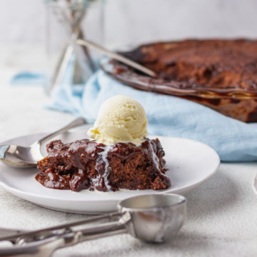 Self Saucing Chocolate Pudding topped with vanilla ice-cream.