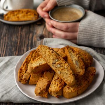 Almond Biscotti piled on a plate.