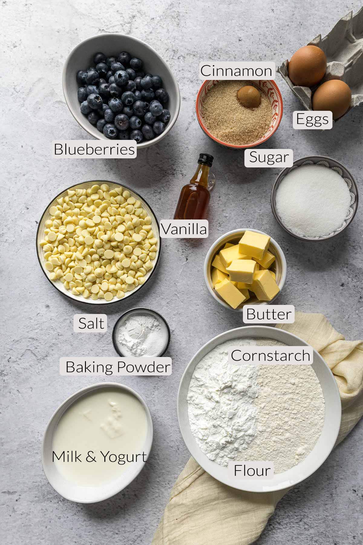 Blueberry and white chocolate muffin ingredients. 