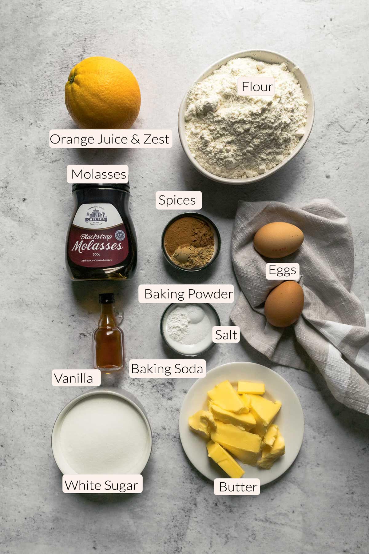 Orange gingerbread cake ingredients.