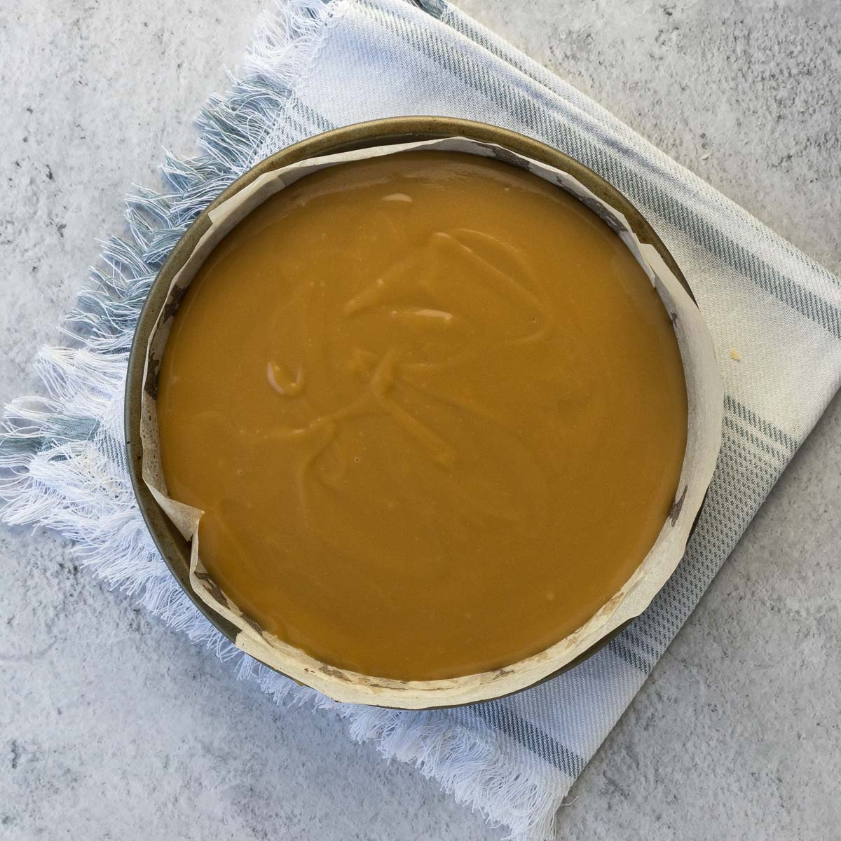 peppermint caramel filling poured over baked biscuit base