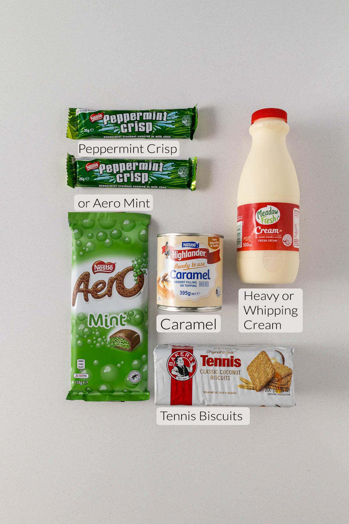 Peppermint crisp tart ingredients - cream, peppermint crisp, aero mint, tennis biscuits, caramel.