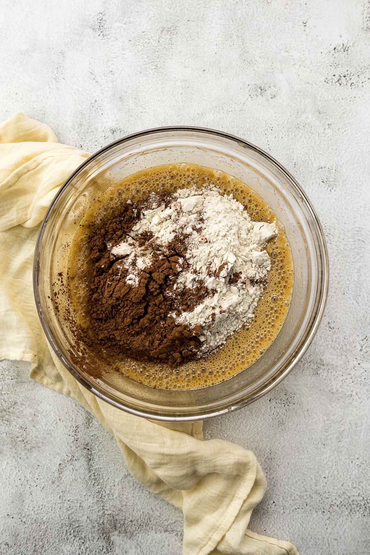 Step 5 - cocoa powder and flour added to the wet ingredients.
