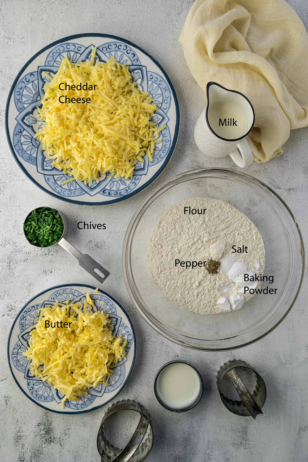 Cheese and chive scones ingredients.