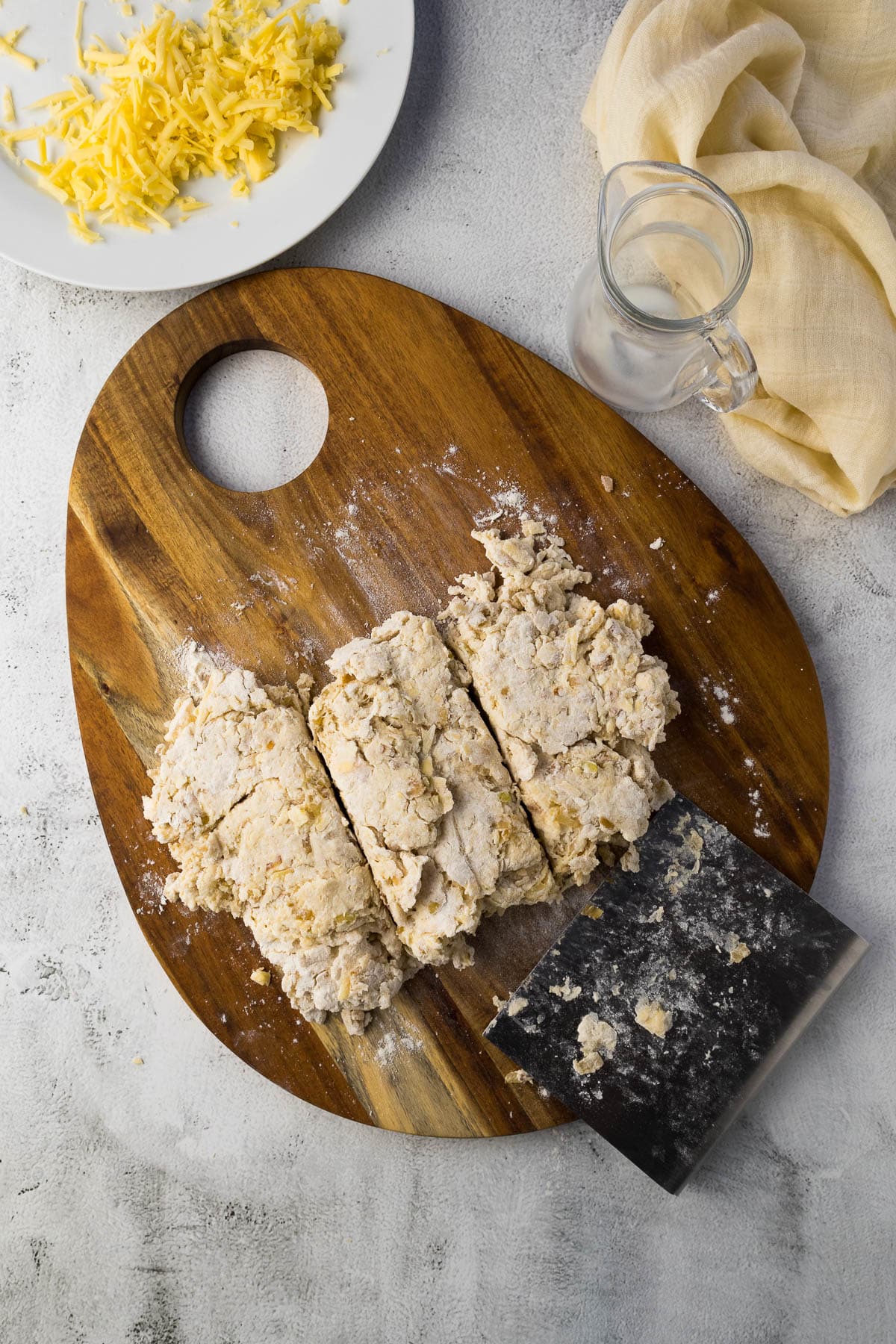 Scone dough divided into three.