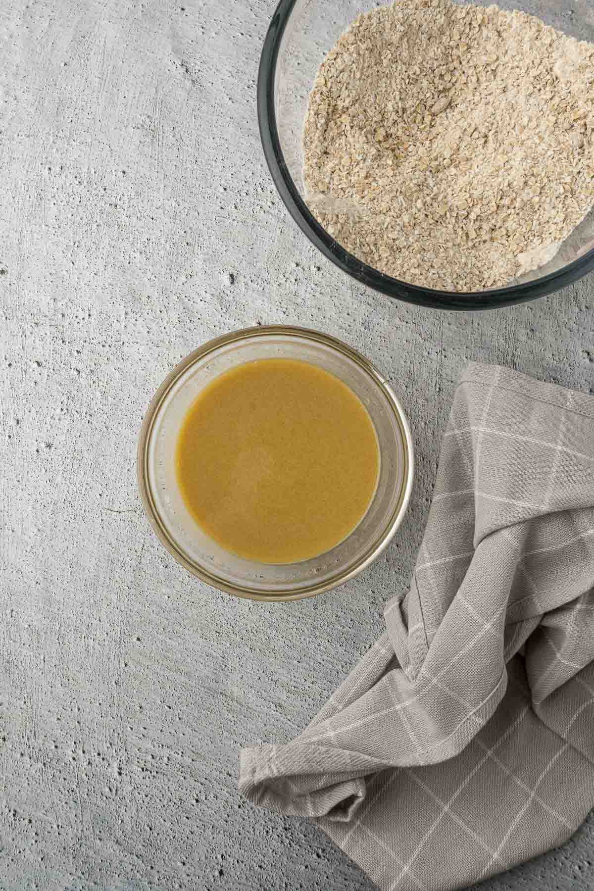 Melted butter and syrup with baking soda and milk.