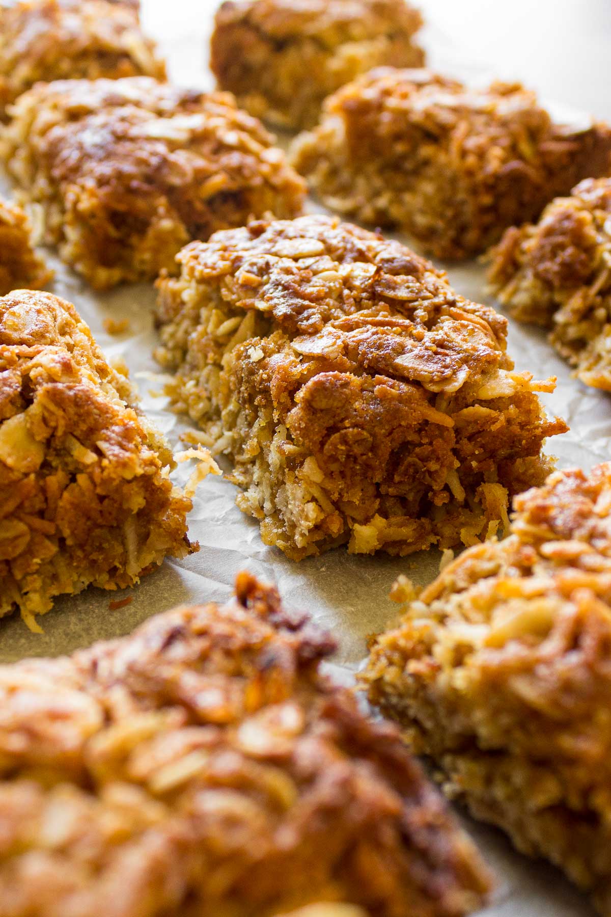 Close up view of crunchies showing oats and coconut.