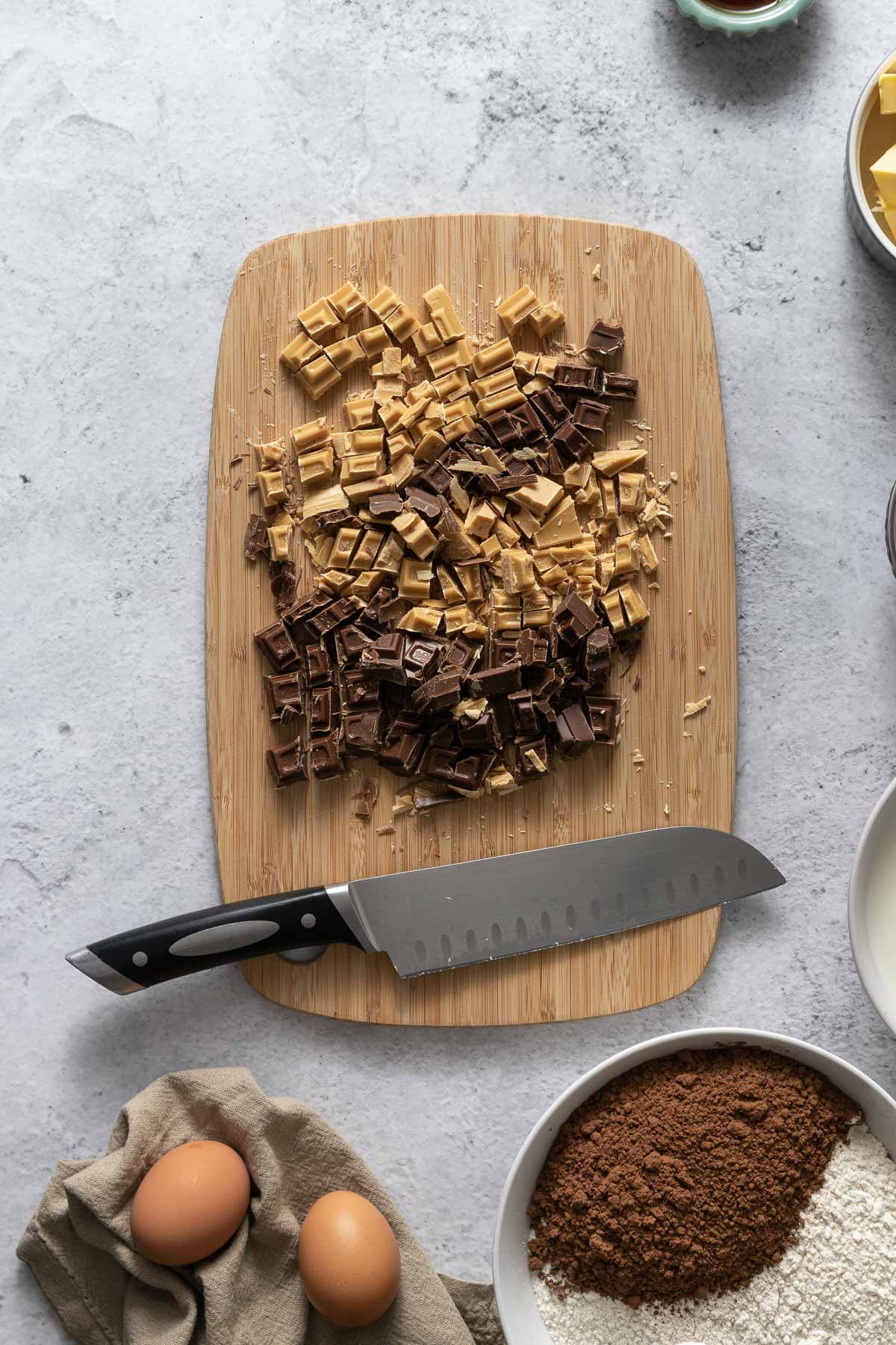 Chopped chocolate chunks.