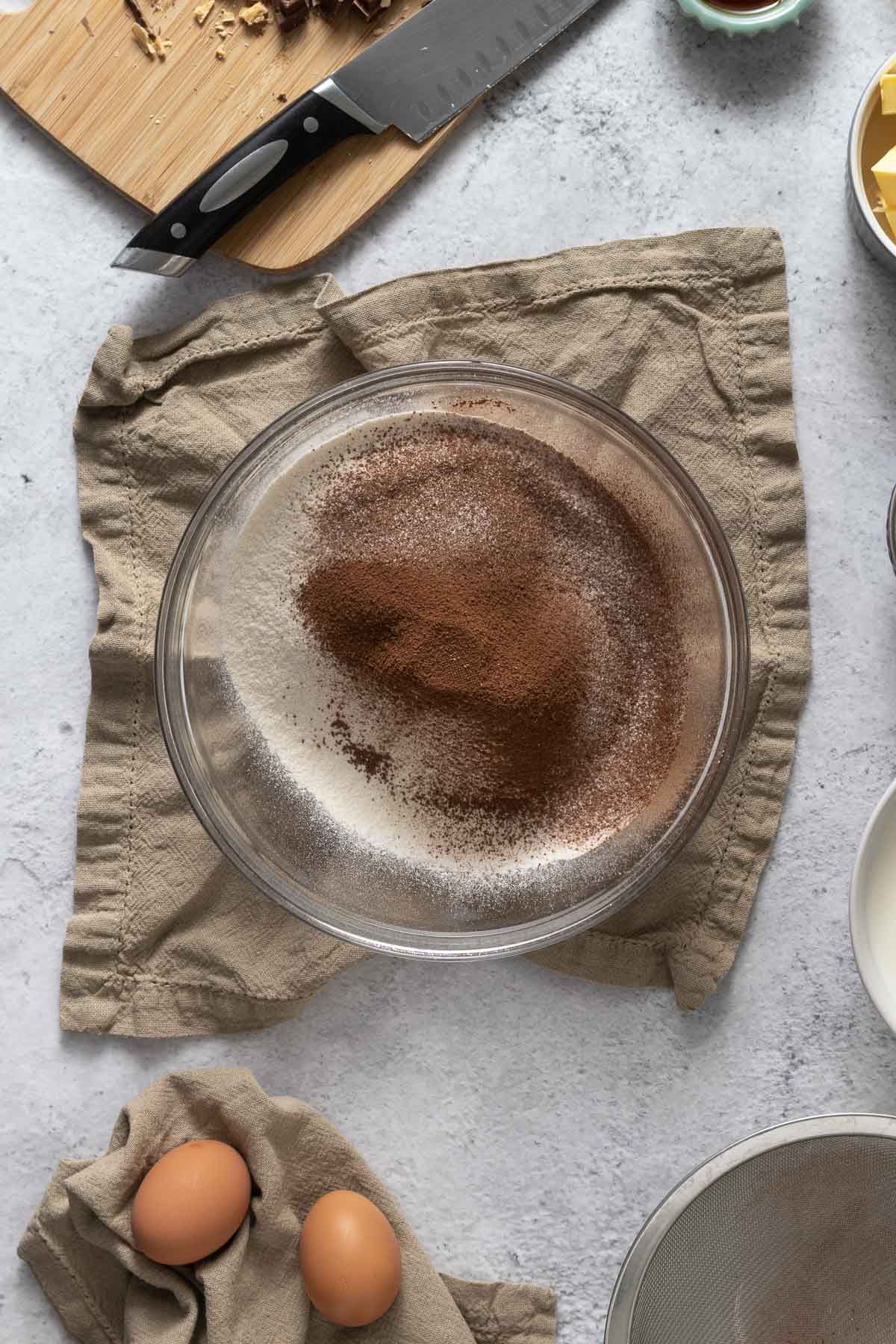 Sifted dry ingredients in a bowl.