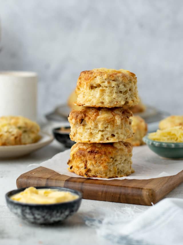 Stack of cheese and onion scones.