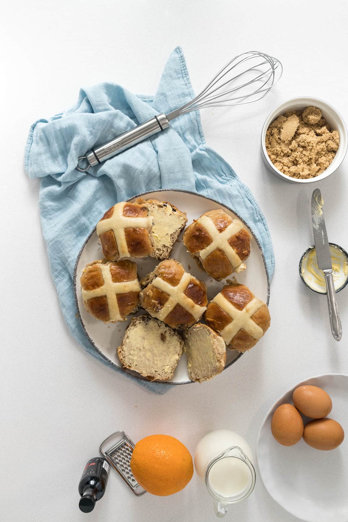 Step 1 - Hot cross buns sliced and buttered.