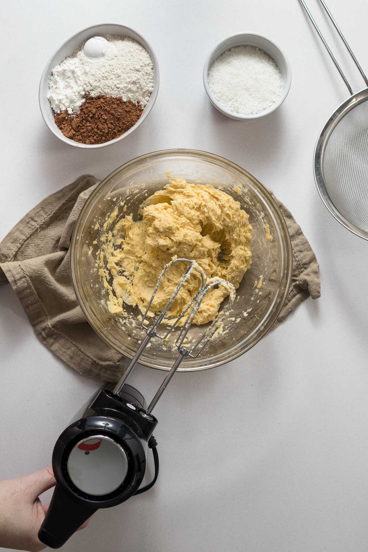 Creamed butter, sugar, syrup and eggs.