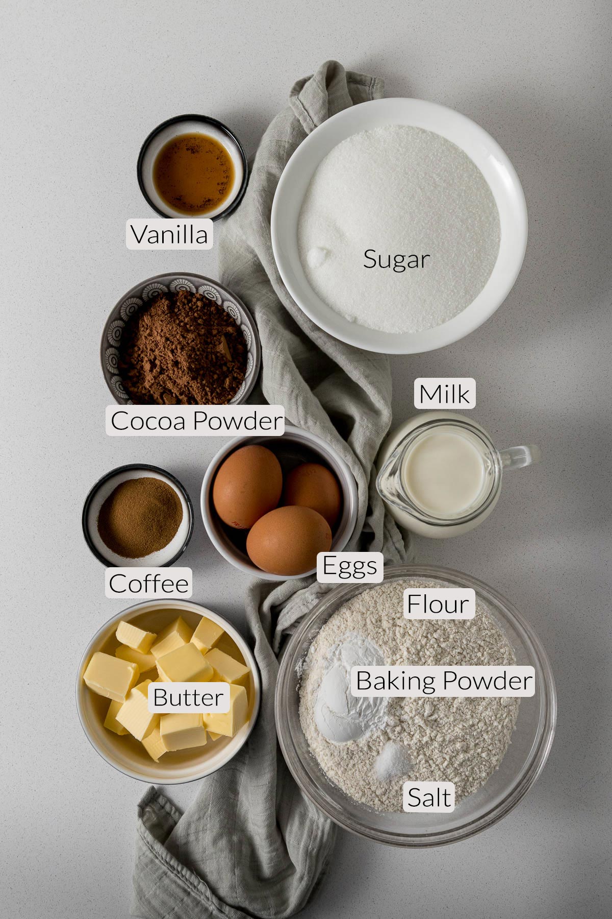 Chocolate cake tray bake ingredients.