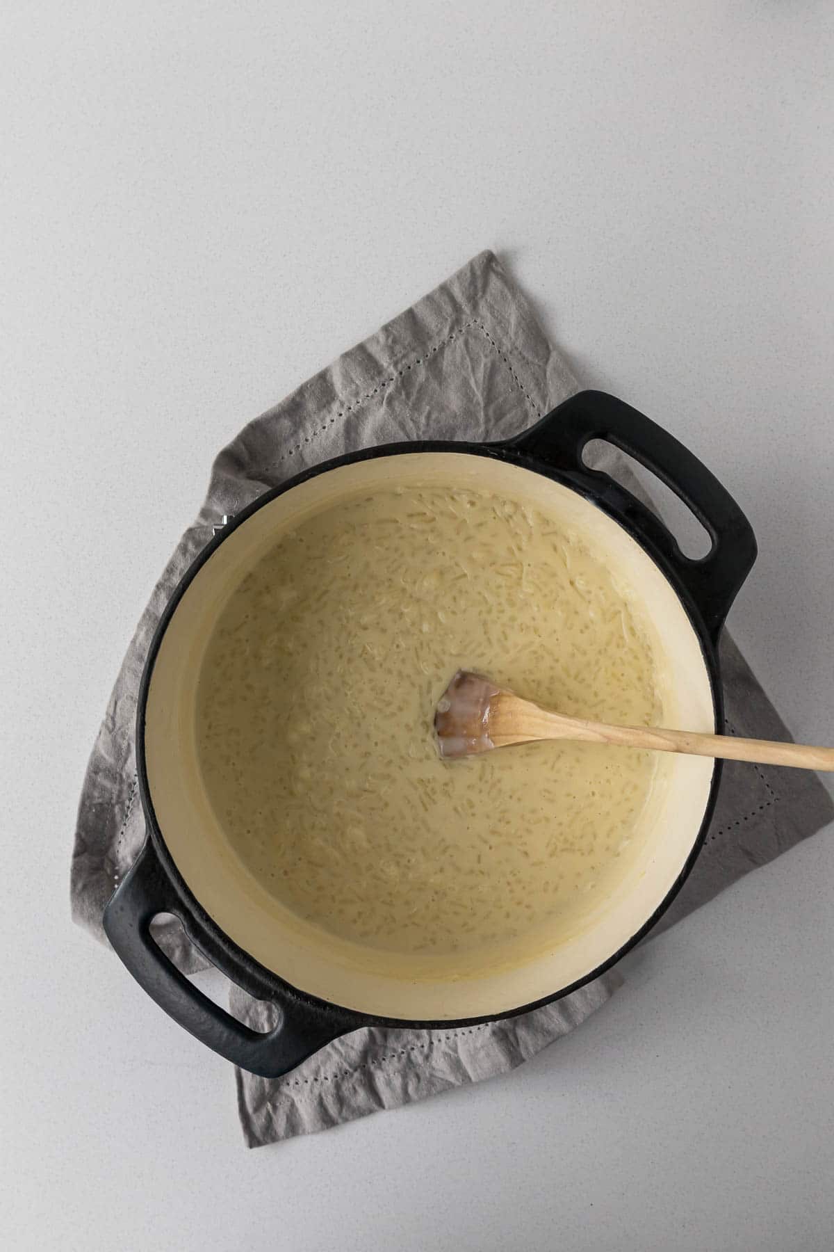 Rice cooked with cream, condensed milk and milk.