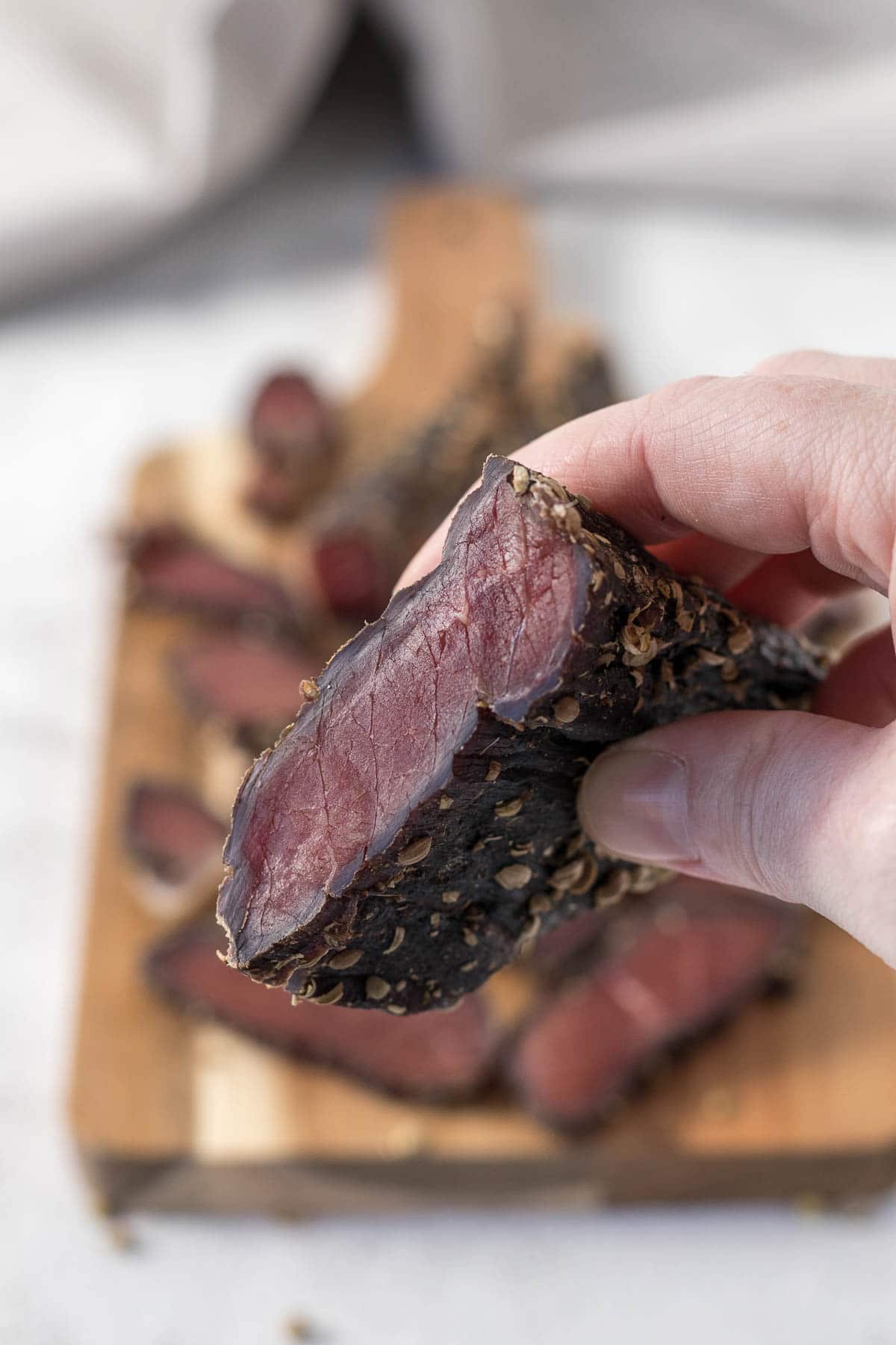 Close up of sliced biltong.