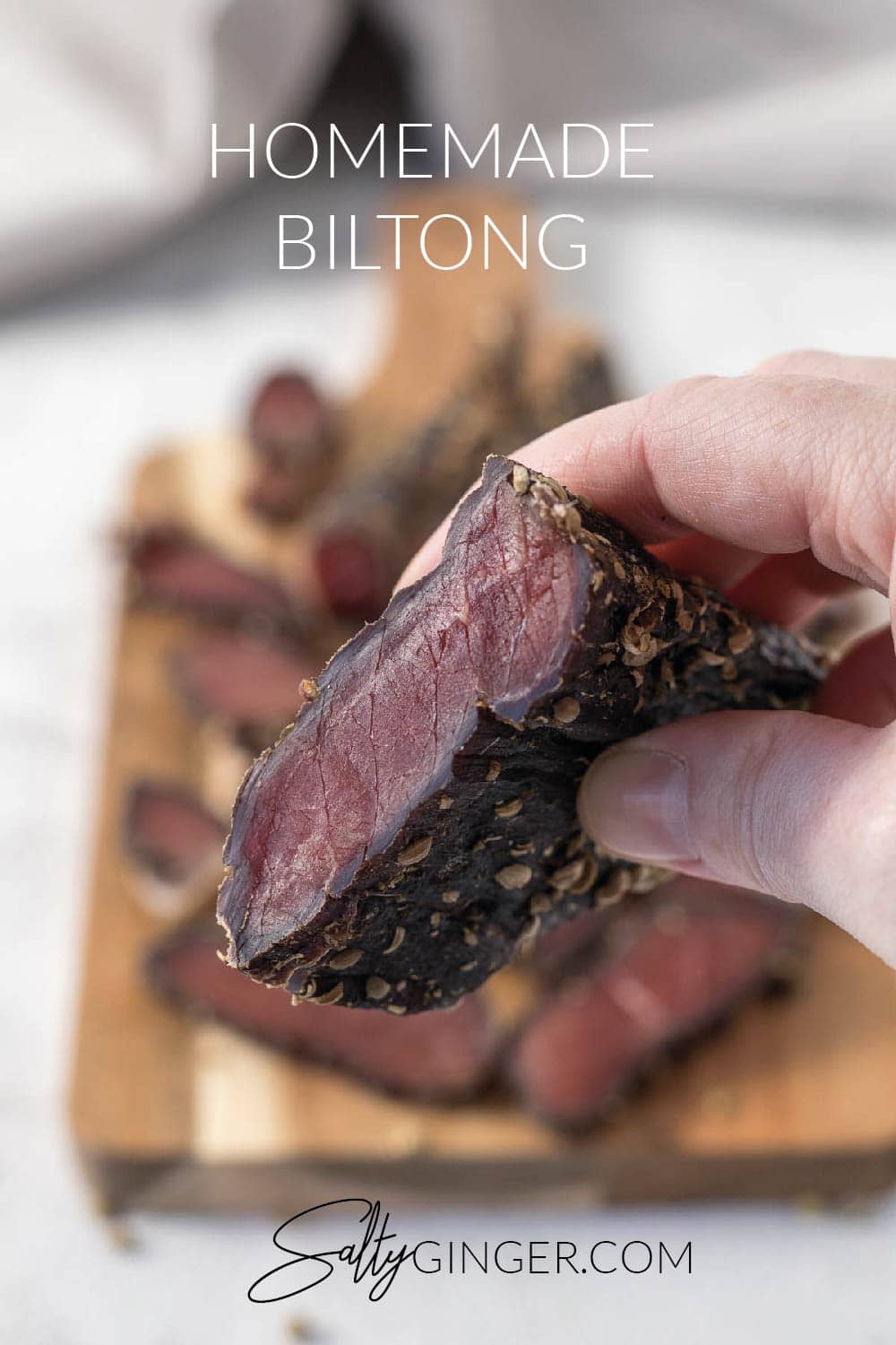 Hand holding a piece of sliced biltong.