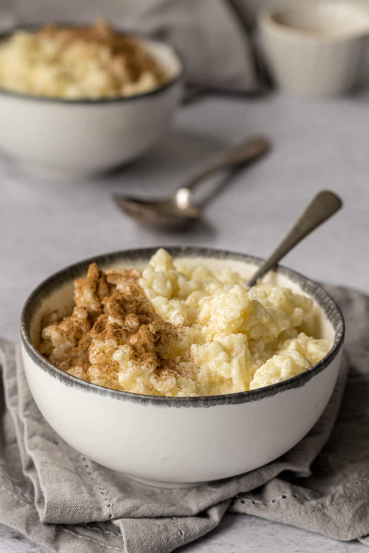 Bowl of rice pudding with a sprinkle of cinnamon.