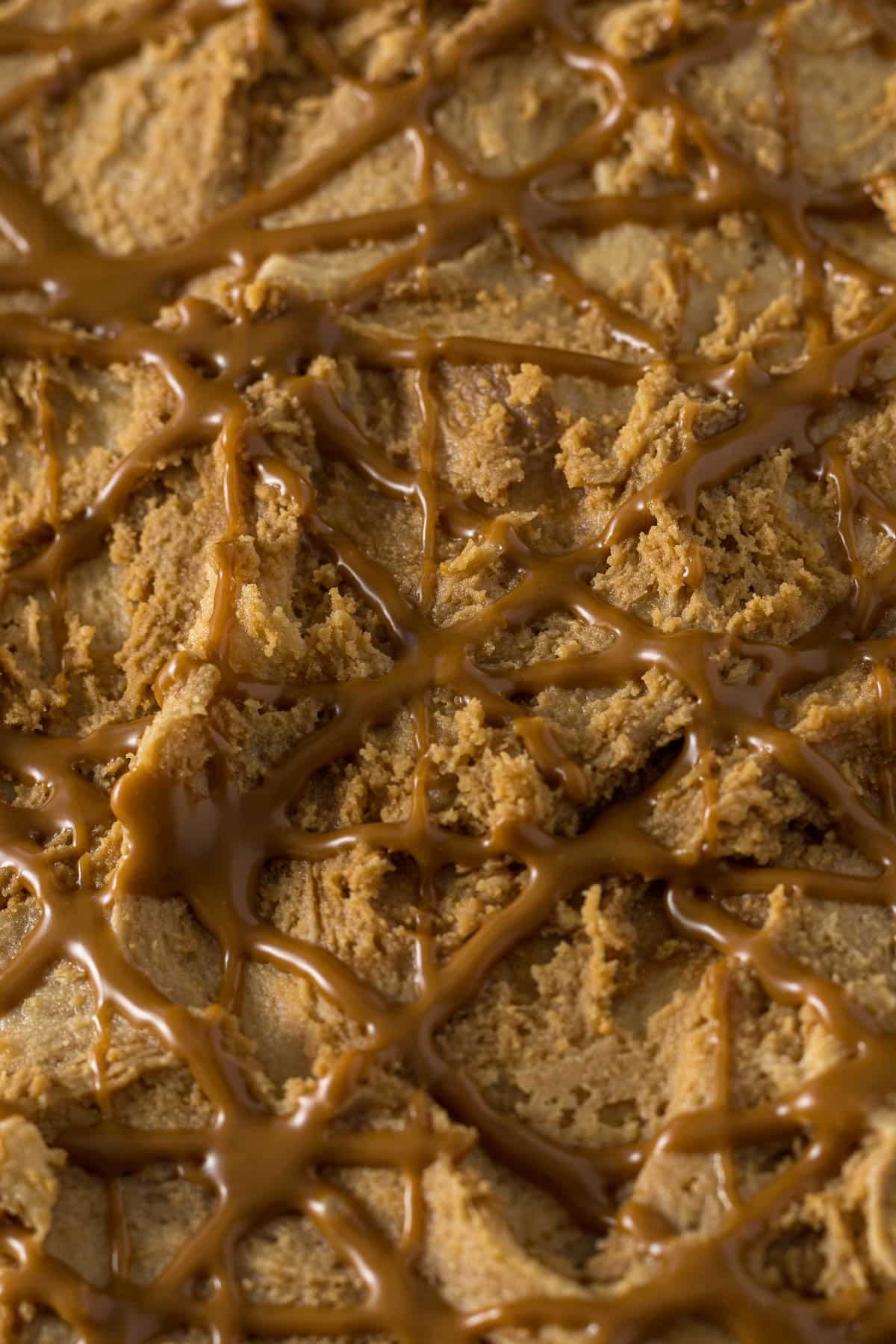 Closed up of frosted cake showing Biscoff cookie butter spread drizzle.
