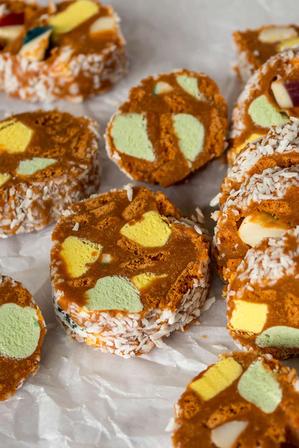 Sliced lolly cake log.