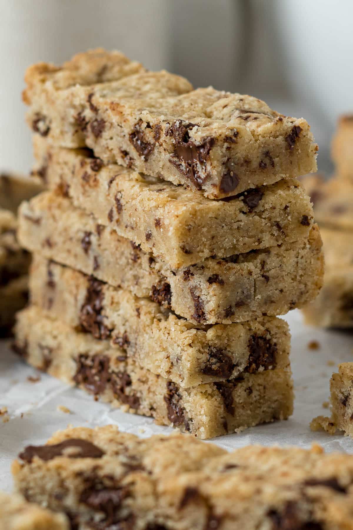 Sliced chocolate chip shortbread stacked on each other.