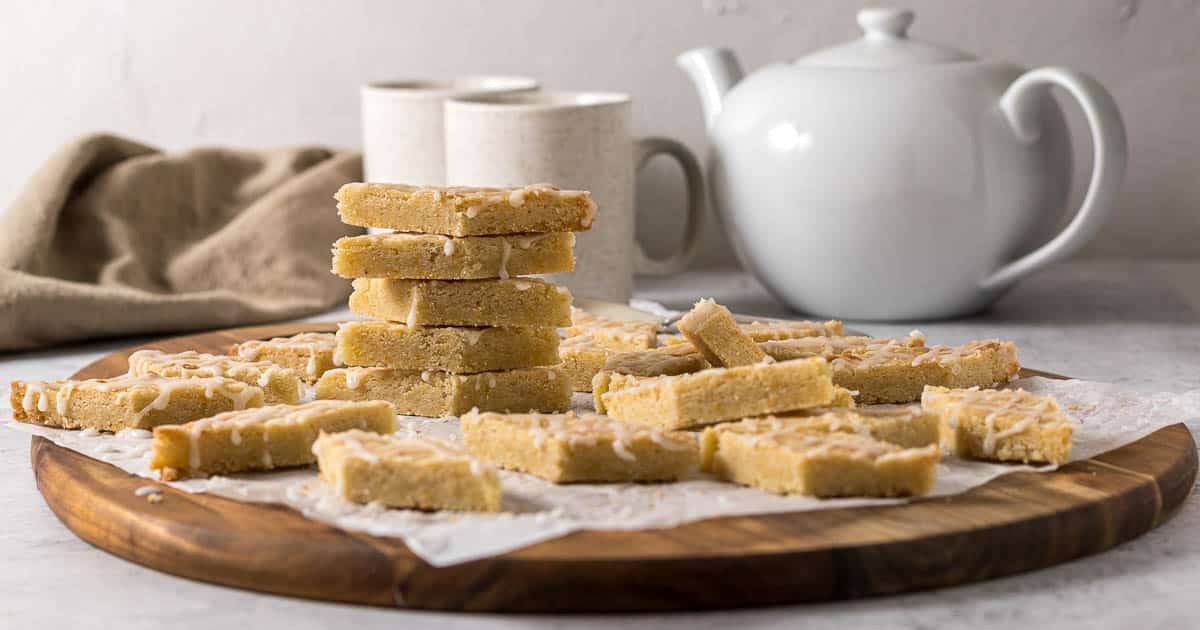 Sliced and glazes lemon shortbread.