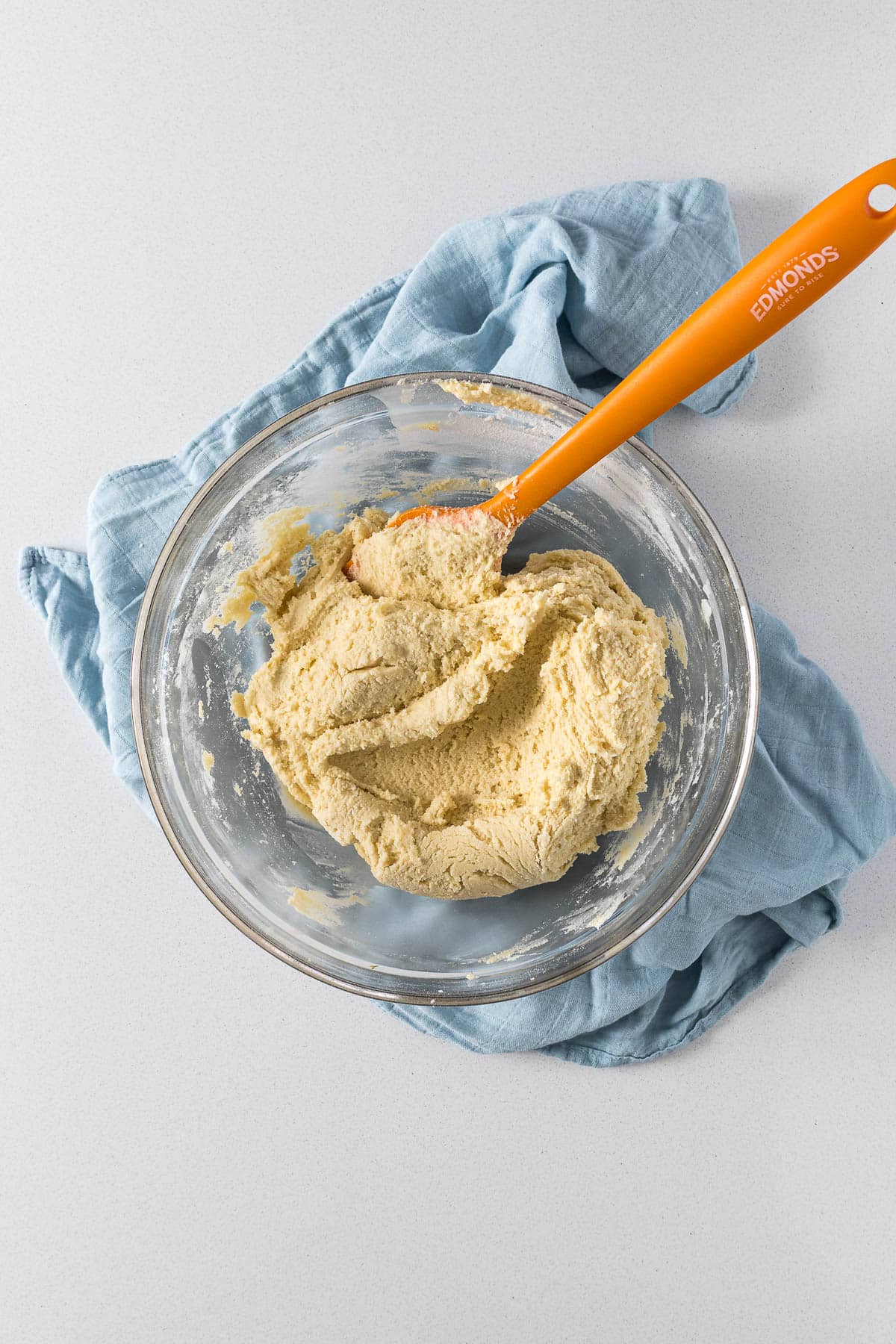 Flour, baking powder and salt mixed into the wet ingredients to make a soft dough.