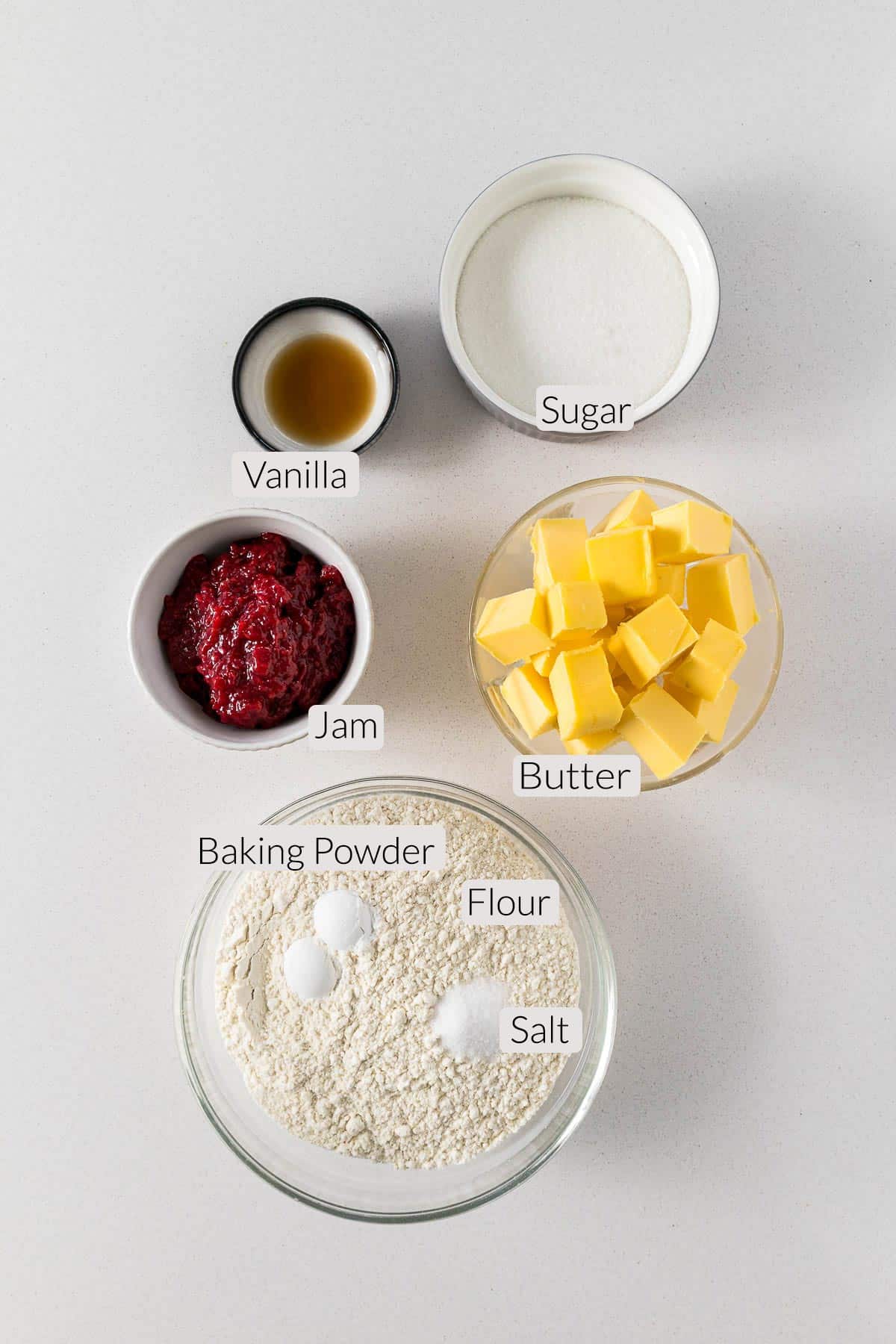 Jam Squares ingredients in small bowls.