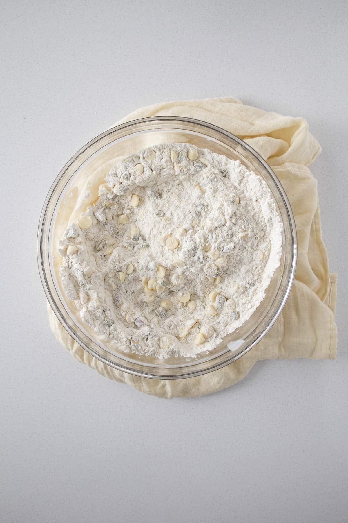 Dry ingredients whisked together in a large mixing bowl.