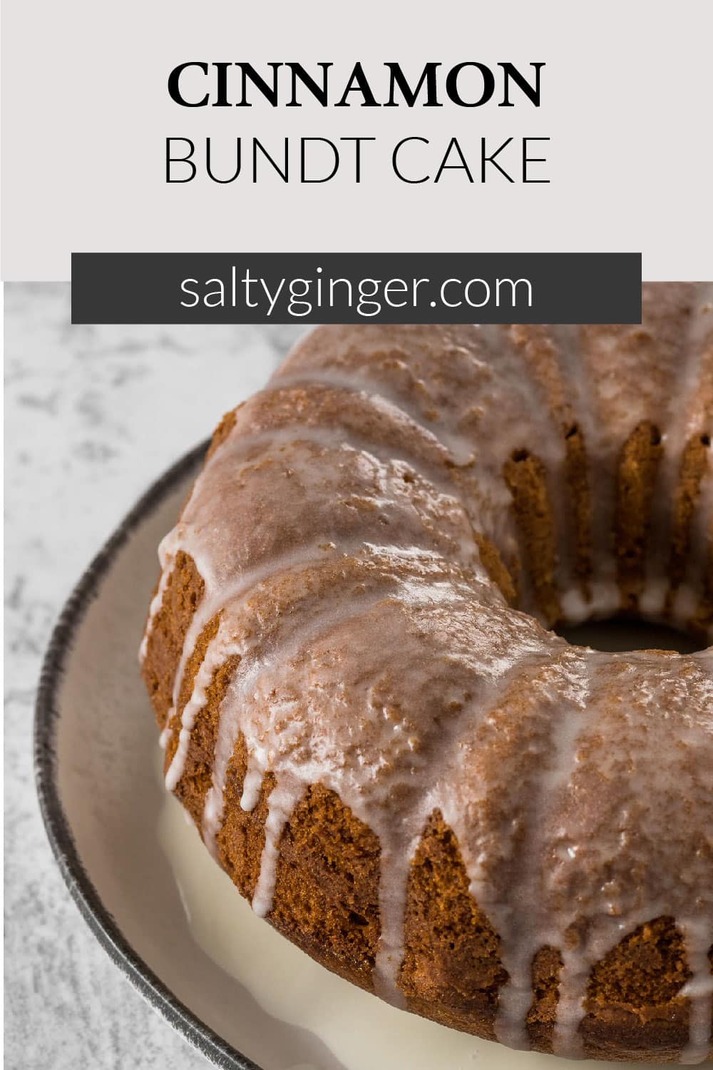 Close up of a cinnamon bundt cake with glaze.