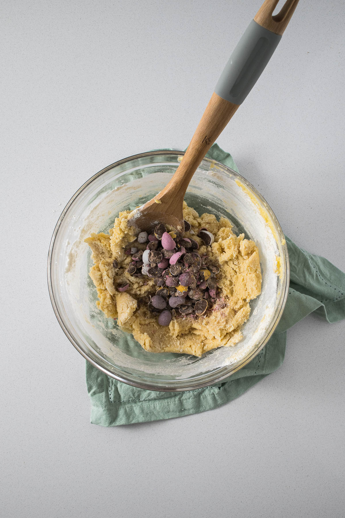 Step 7 - mini eggs added to the cookie dough.