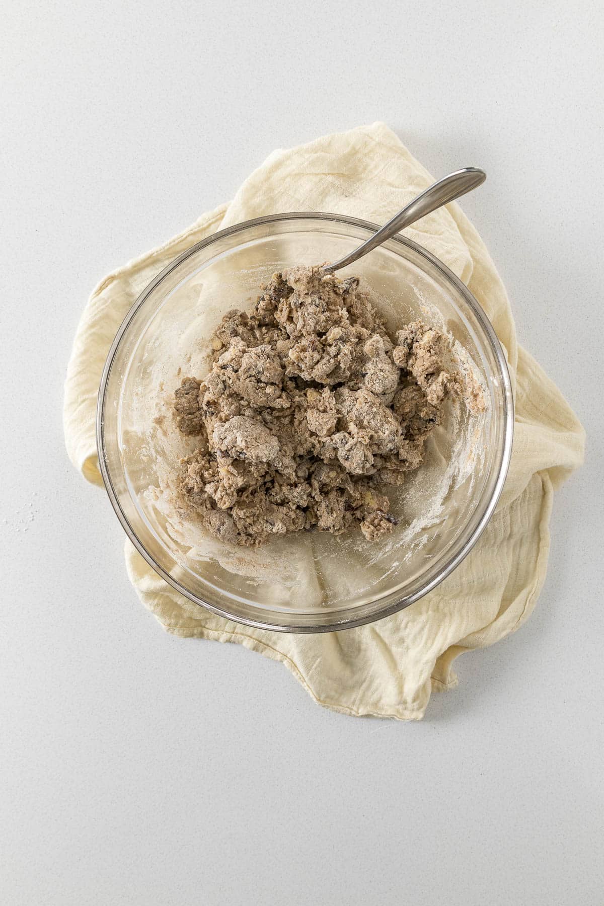 Step 5 - milk added to the flour and mixed in to form a shaggy dough.