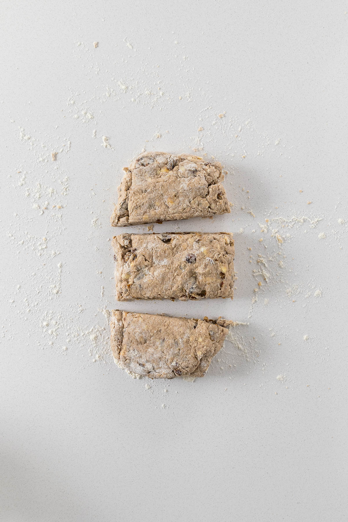 Step 7 - Scone dough divided into three before being laminated together.