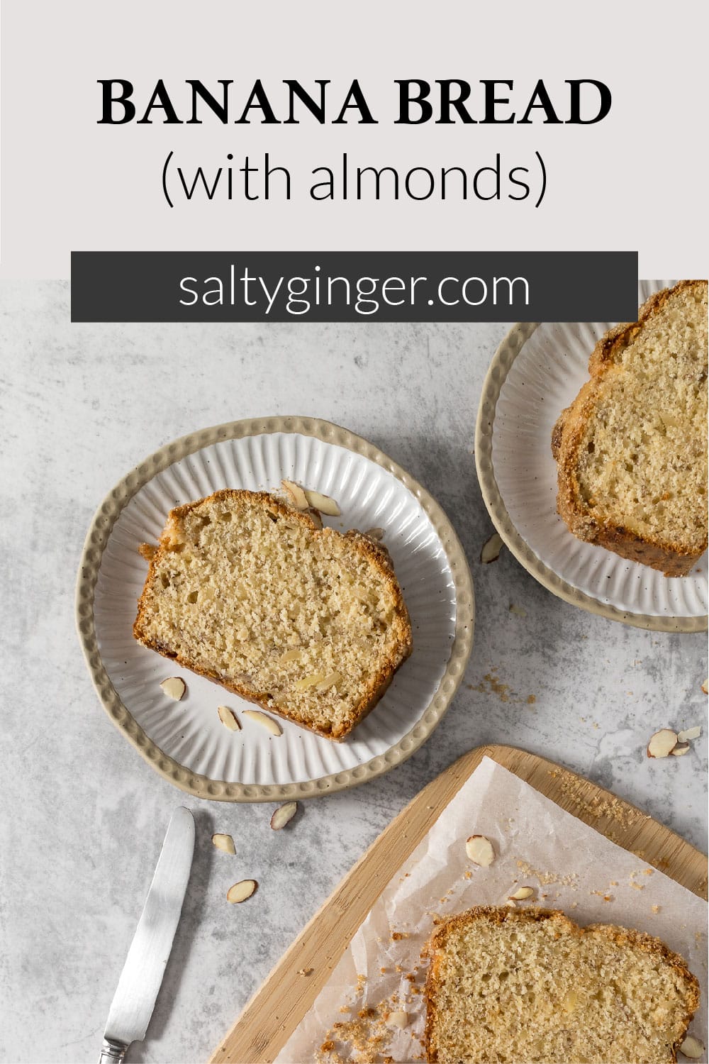 Slice of banana bread with almonds on a plate.