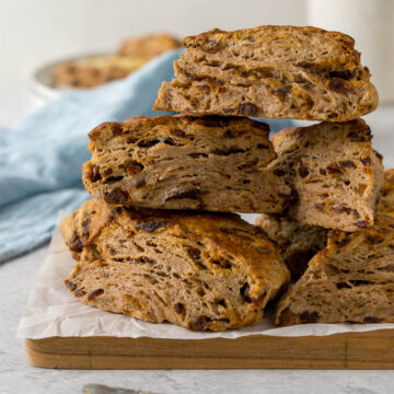 Pile of date scones on a platter.