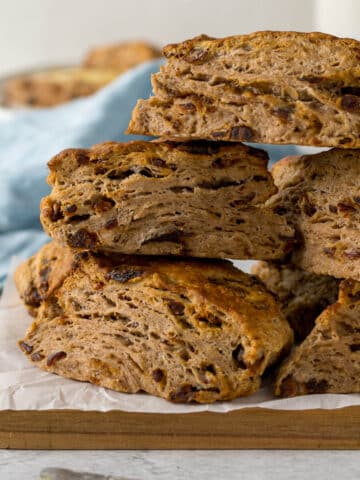 Pile of date scones on a platter.