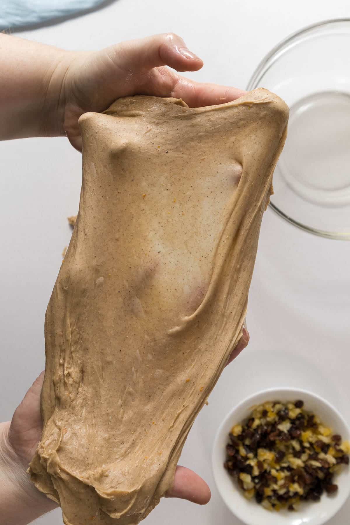 Step 4 - Dough stretched out to show the window pane test.