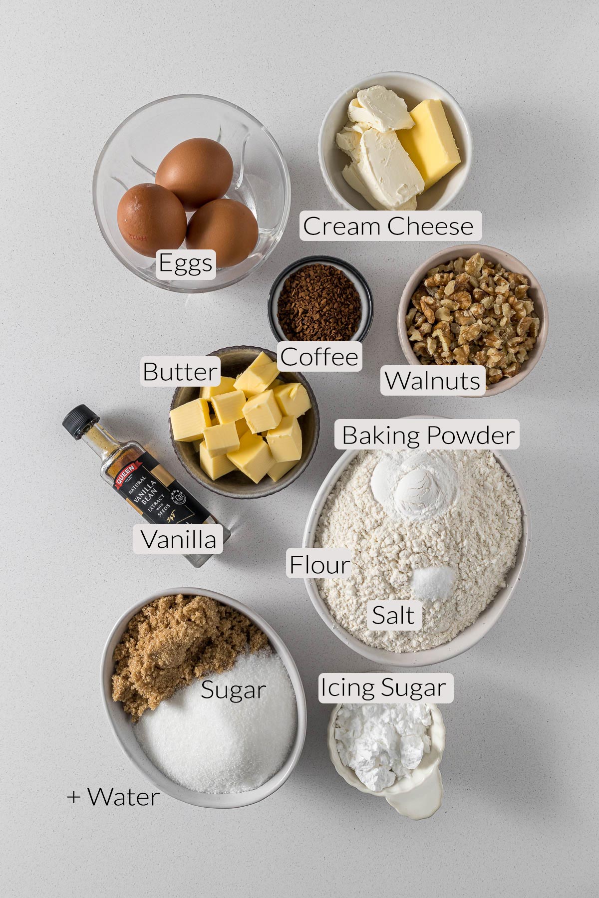 Coffee and walnut loaf cake ingredients.