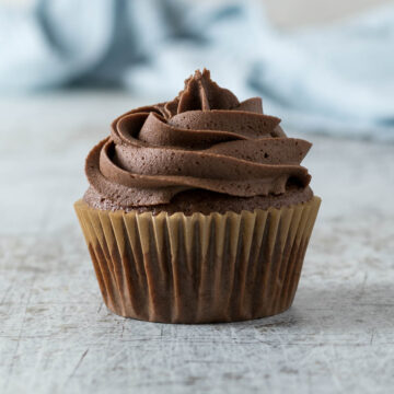 Chocolate cupcake with a chocolate buttercream swirl.