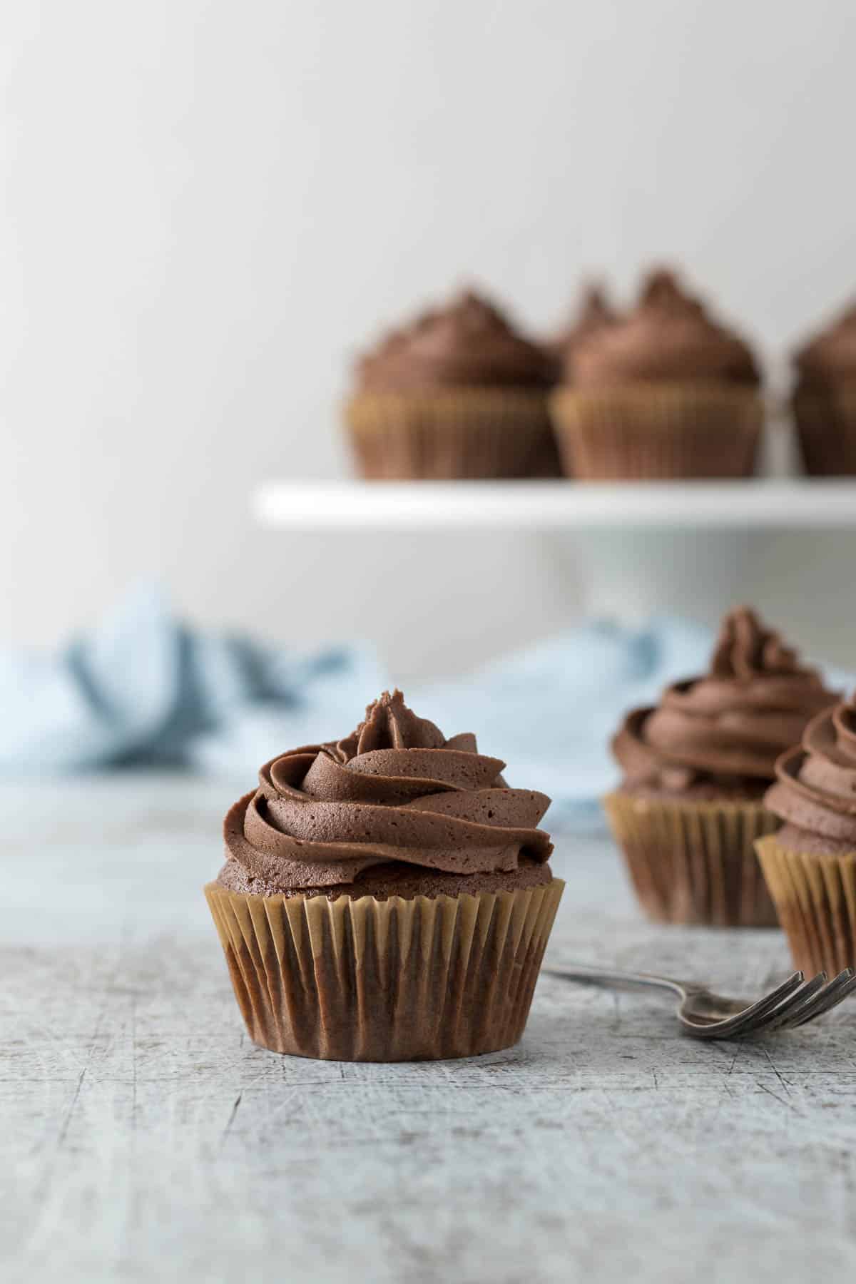 Chocolate cupcake with a chocolate buttercream swirl.