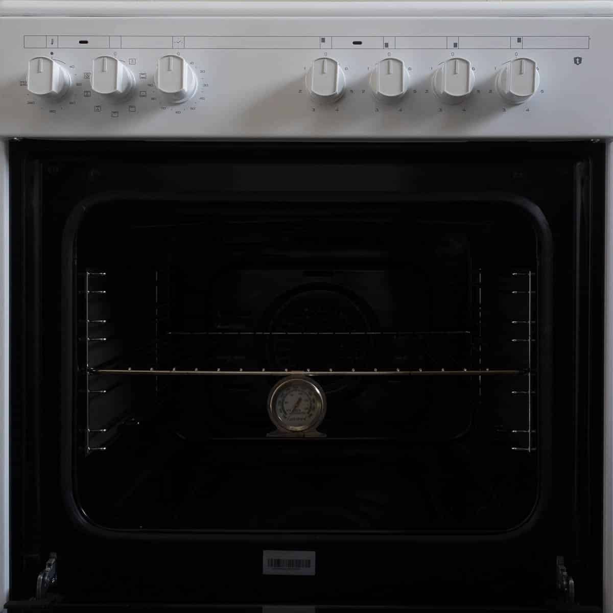 Oven rack placed in middle of oven with oven thermometer hanging off the rack.