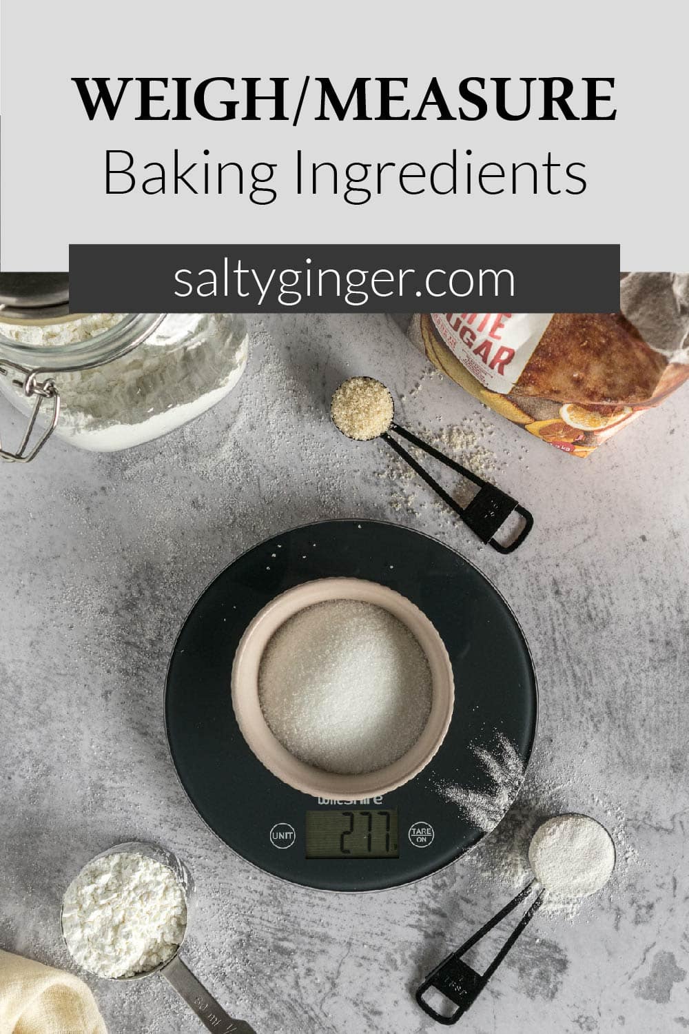 Sugar being weighed out on a kitchen scale.