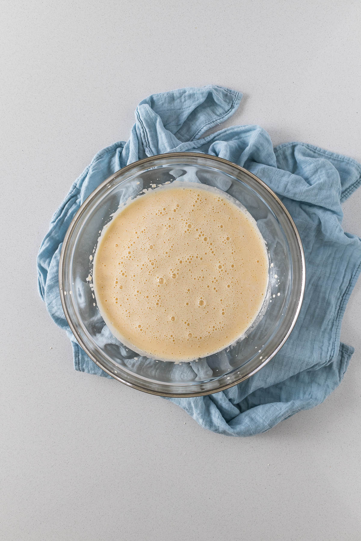 Step 4 - Butter, vanilla and milk mixed into the eggs.