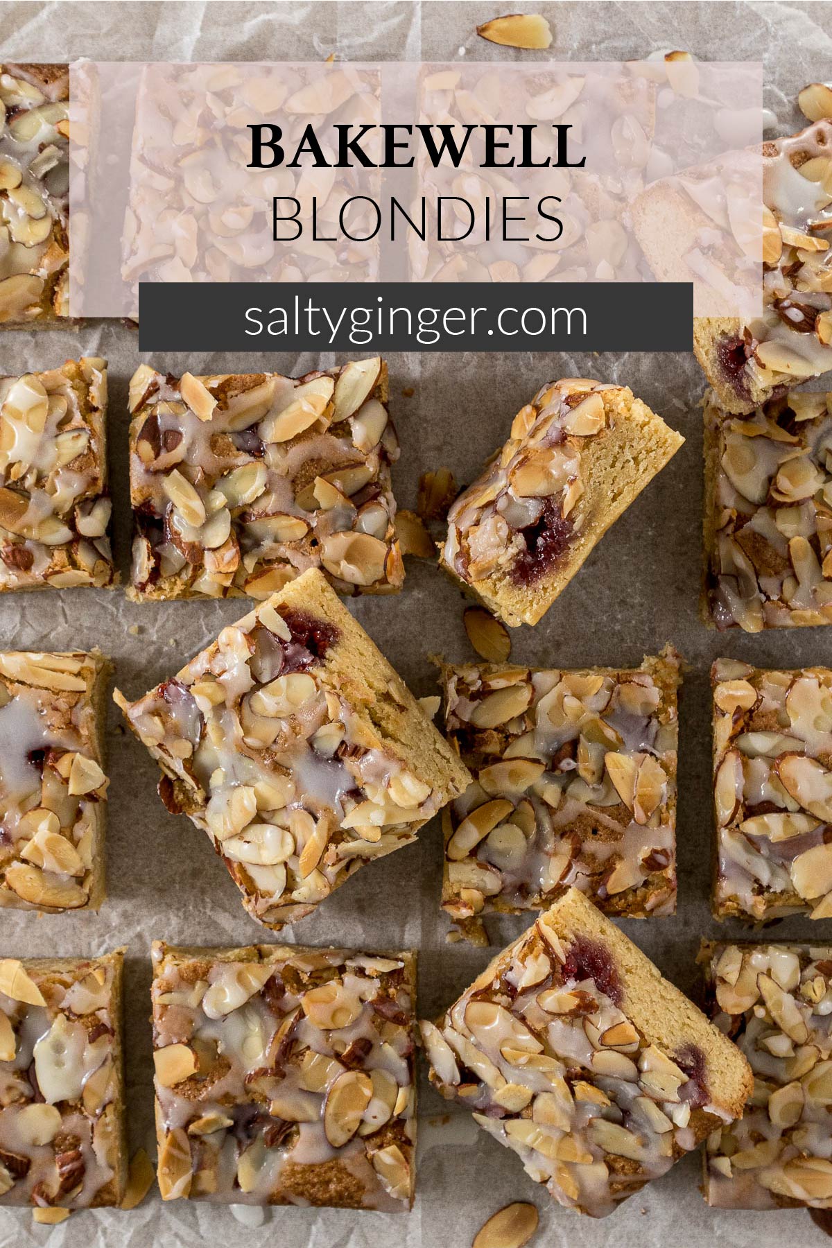 Pin - Sliced Bakewell Blondies on a baking paper.